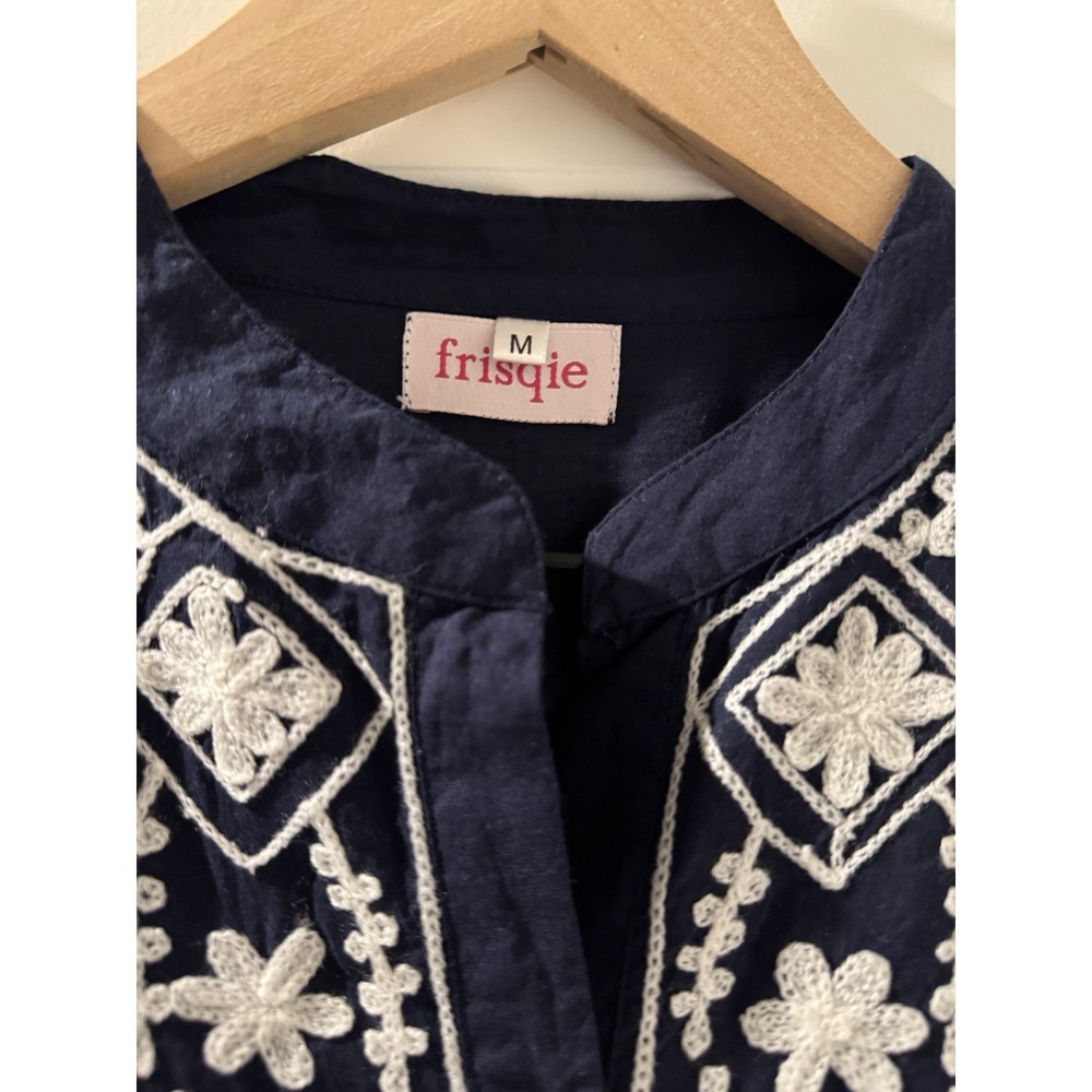 Frisqie Embroidered Cotton Tunic Dress Womens Medium Navy White Boho Long Sleeve - Picture 5 of 7
